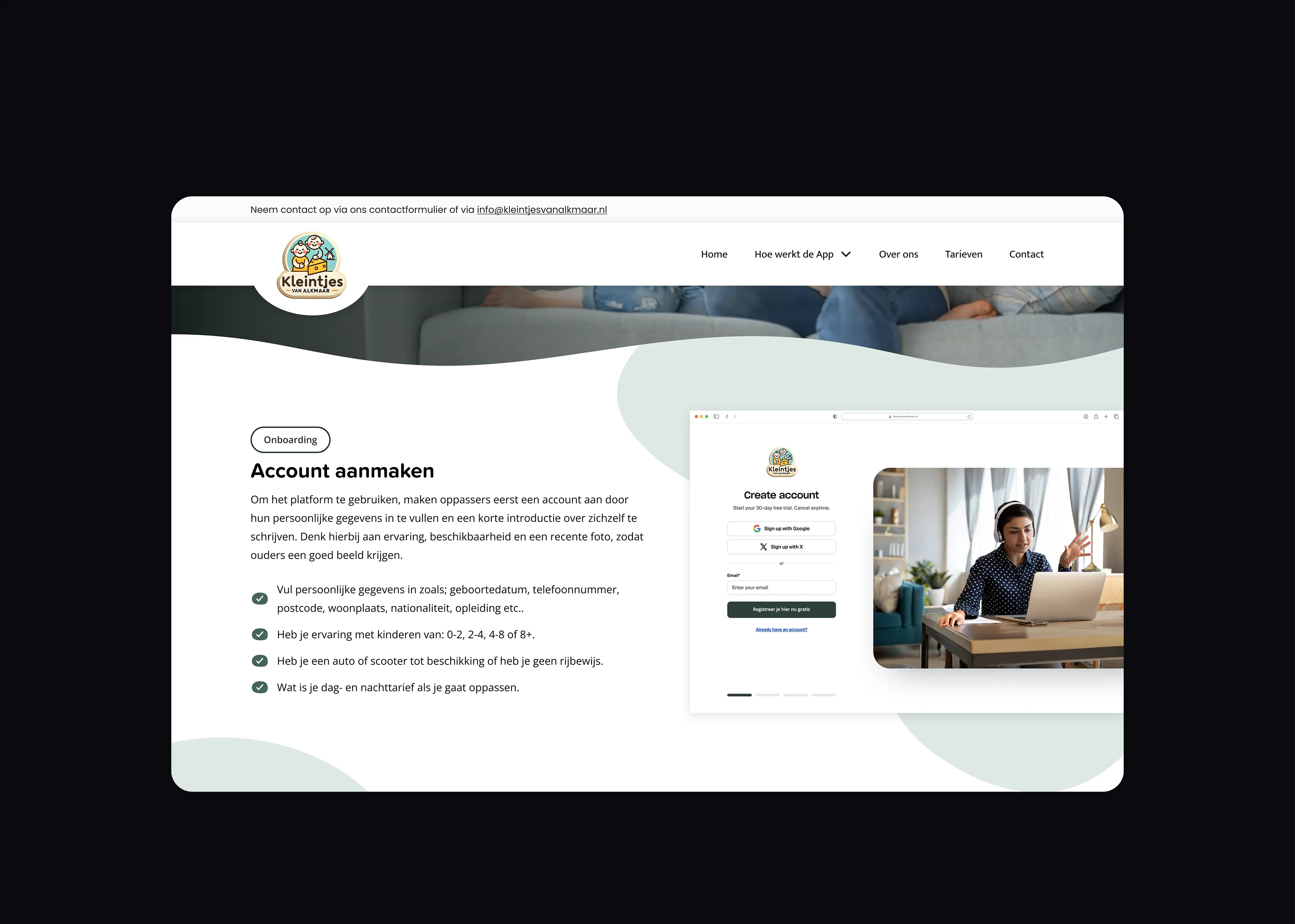 De onboarding-pagina waarop oppassers stap voor stap een account aanmaken