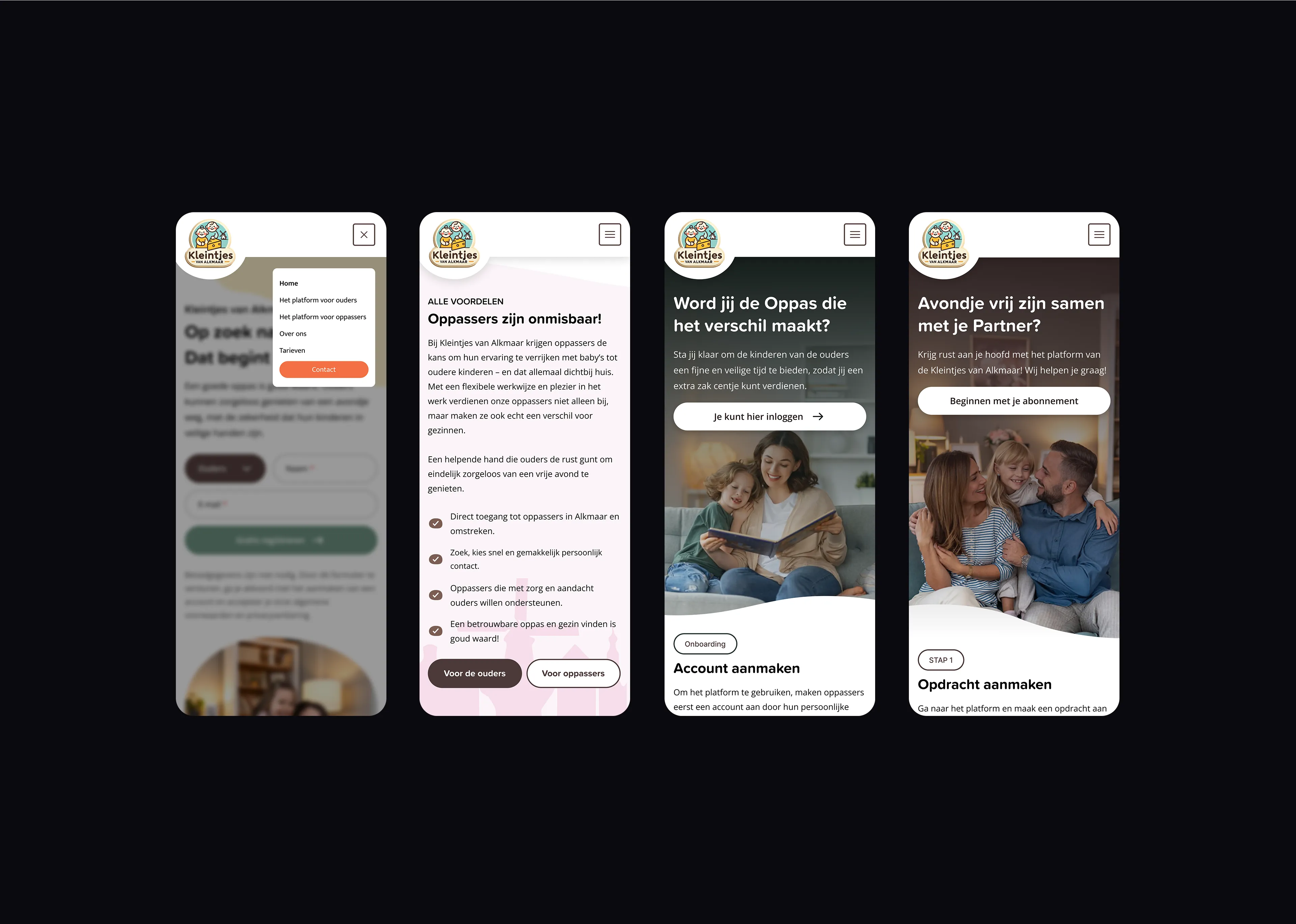 Vier mobiele schermen van het platform: menu, voordelen, de oppaskant en de ouderkant
