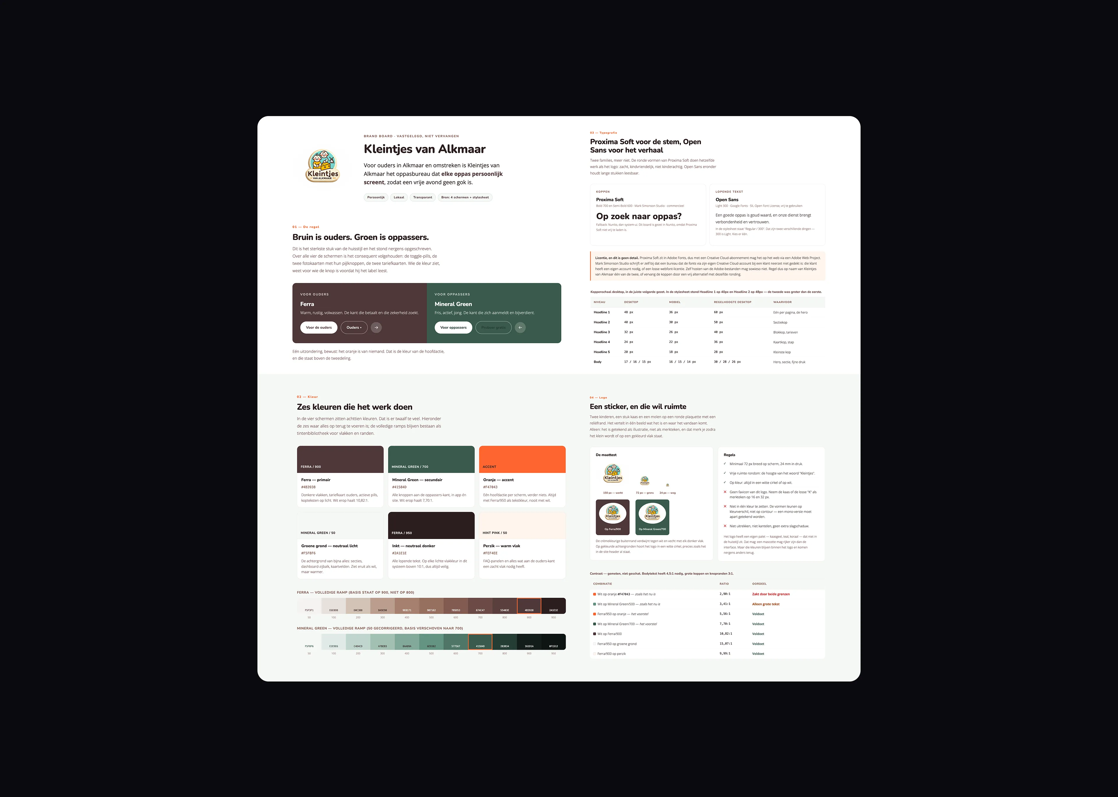 Het brandboard met het kleursysteem, de typografie en de logoregels van Kleintjes van Alkmaar