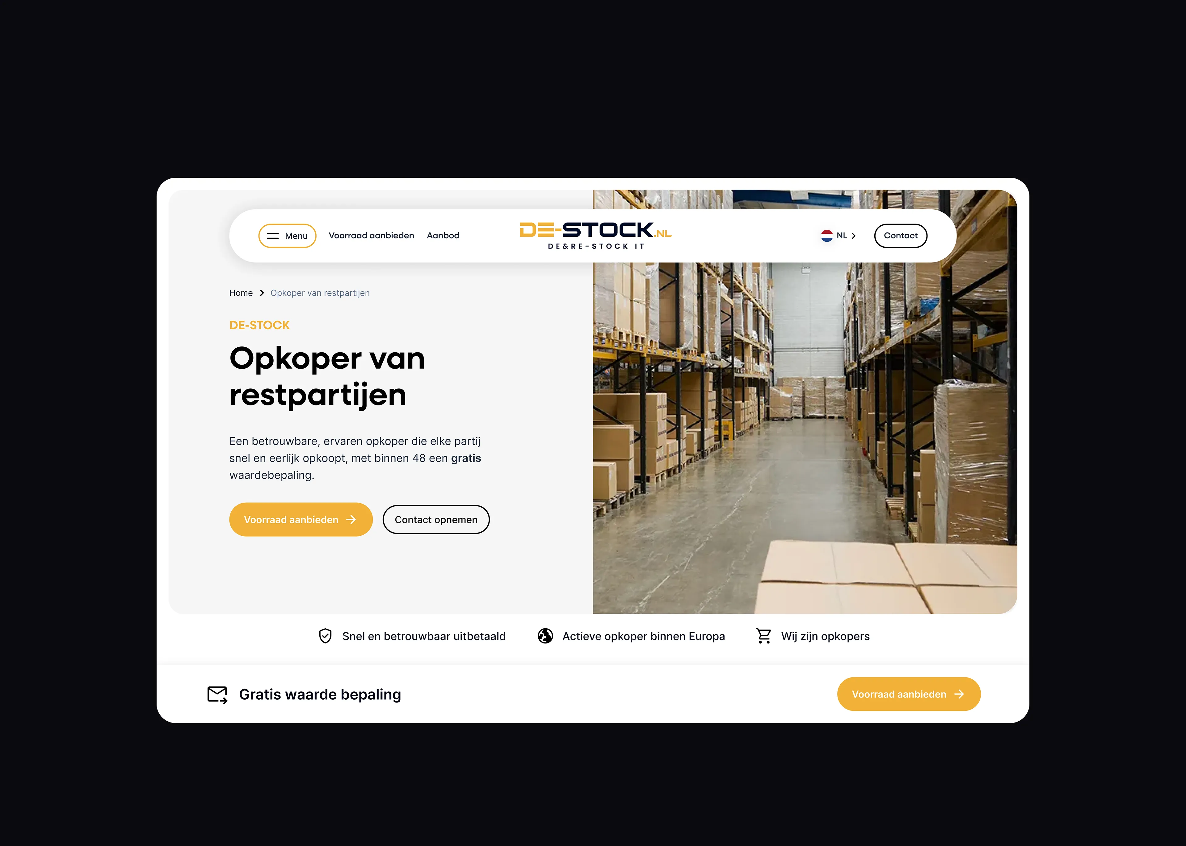 De opkoper-pagina van De-Stock.nl op desktop, met een magazijn vol restpartijen