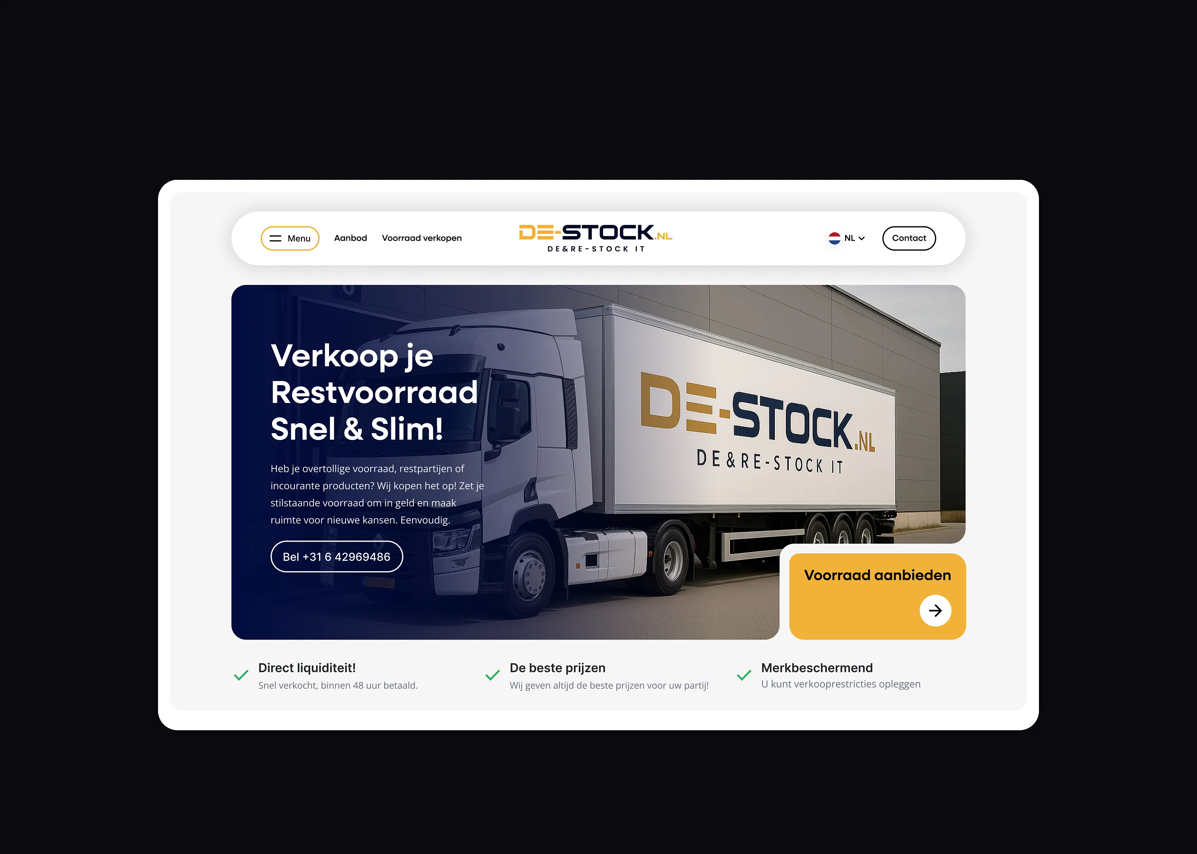 De homepage van De-Stock.nl op desktop, met de oproep om restvoorraad te verkopen