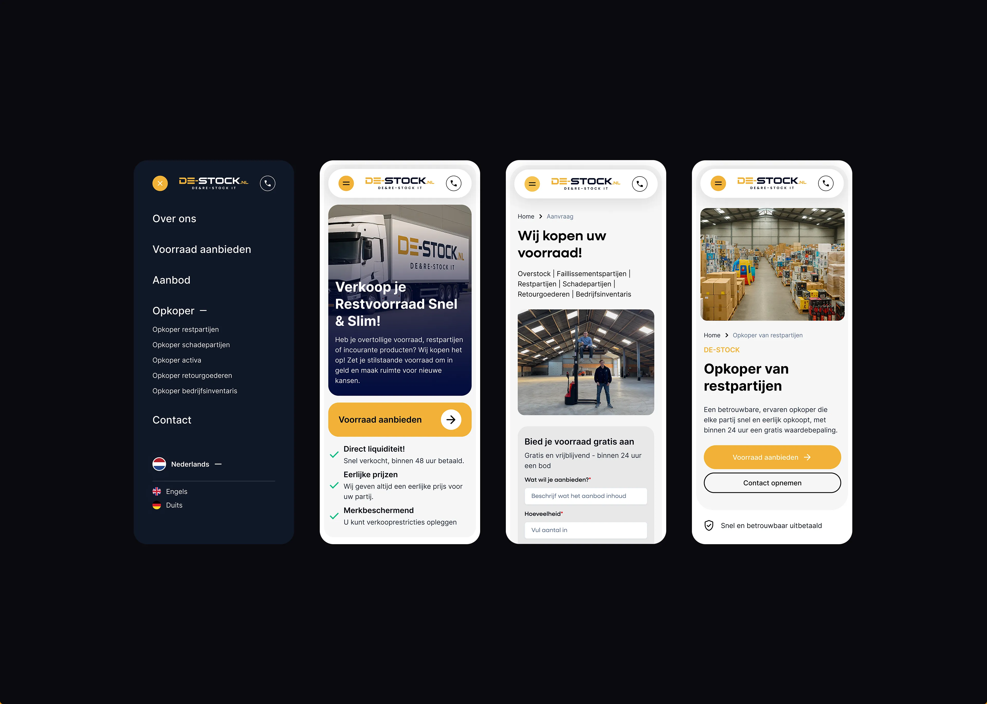 Vier mobiele schermen van De-Stock.nl: het menu, de homepage, het aanbiedformulier en een opkoper-pagina