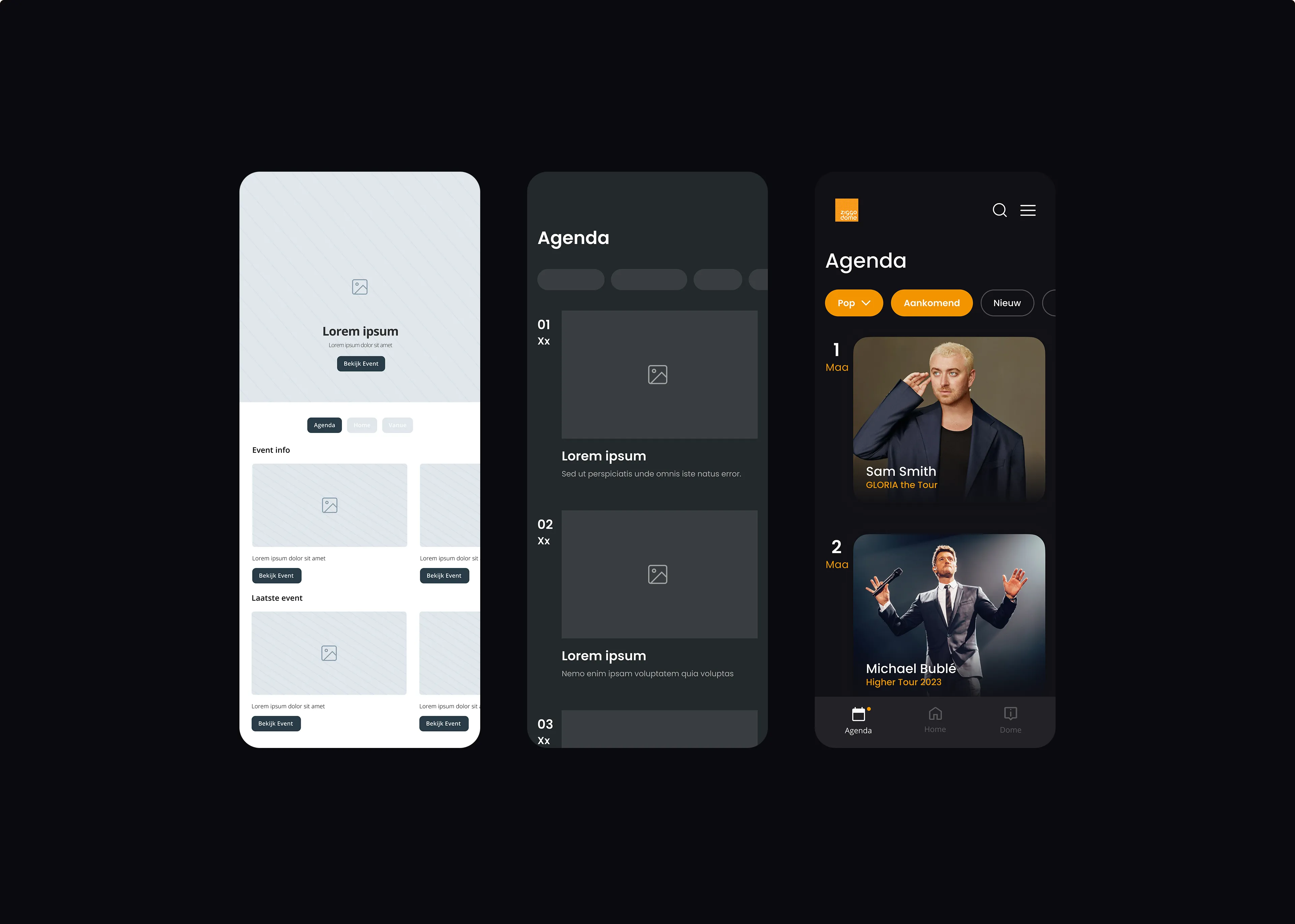 Drie schermen die de agendapagina tonen van wireframe tot definitief ontwerp